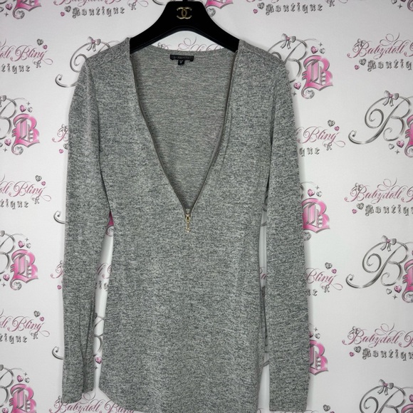 Dynamite top long sleeve zipper zip up grey gold soft stretchy V neck comfy - Picture 2 of 9